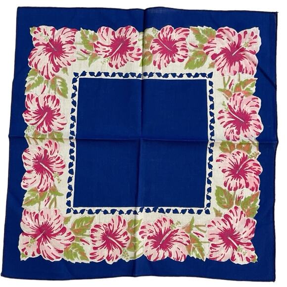 Vintage Floral Handkerchief Tropical Hibiscus Hankie Cottage Grandma 50s - Picture 1 of 6